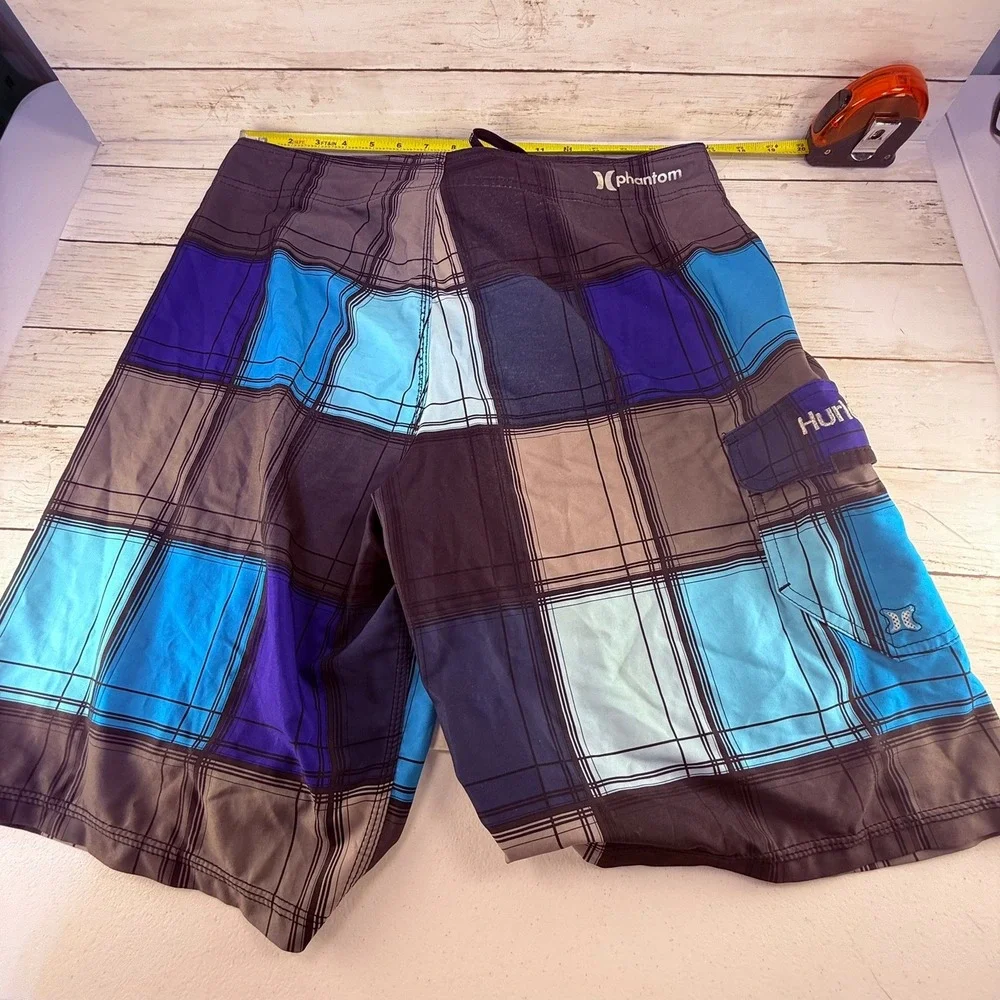 Hurley Phantom Board Shorts Mens 32 Blue Purple Plaid Cargo‎ Pocket Swim Trunks